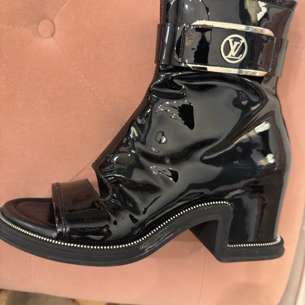 Louis Vuitton Black Glossy Heeled Boots with Ankle Strap